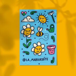 Planche de stickers humoristiques Marguebite sur fond jaune – visuels botaniques décalés avec fleurs, soleil et outils de jardin en colère