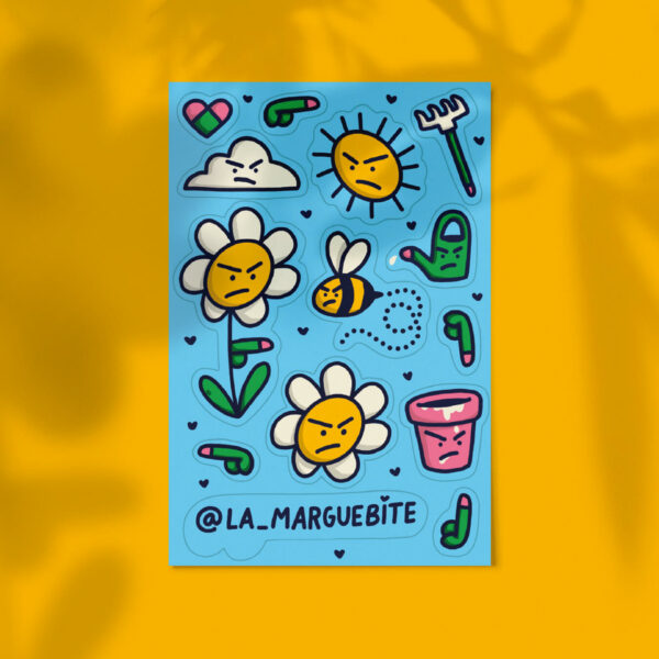 Planche de stickers humoristiques Marguebite sur fond jaune – visuels botaniques décalés avec fleurs, soleil et outils de jardin en colère